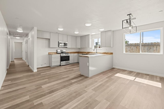 kitchen featuring butcher block counters, kitchen peninsula, gray cabinets, appliances with stainless steel finishes, and decorative light fixtures