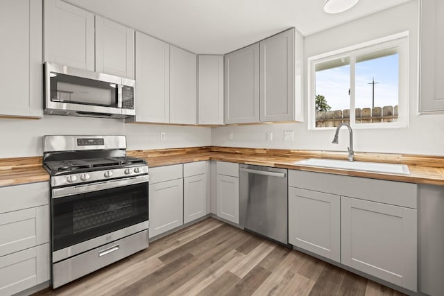 kitchen featuring butcher block countertops, stainless steel appliances, a sink, and light wood finished floors