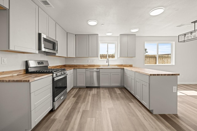 kitchen with appliances with stainless steel finishes, gray cabinets, butcher block counters, and light wood-type flooring