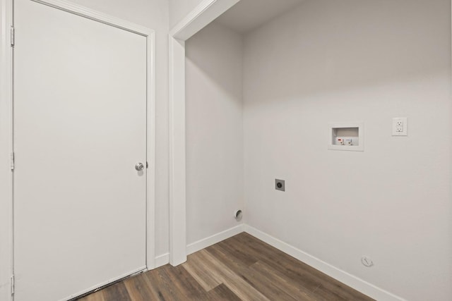 laundry room with laundry area, baseboards, dark wood finished floors, gas dryer hookup, and hookup for an electric dryer