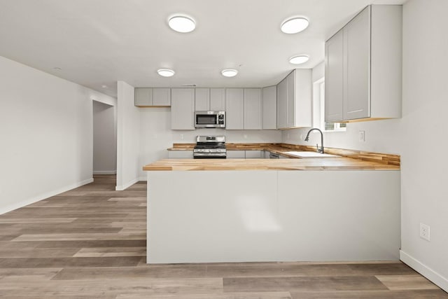 kitchen with kitchen peninsula, wooden counters, appliances with stainless steel finishes, white cabinets, and sink