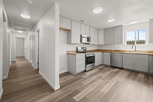 kitchen with sink, light wood-type flooring, gray cabinetry, stainless steel appliances, and wood counters