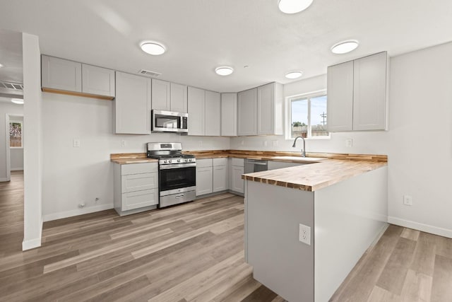 kitchen featuring stainless steel appliances, butcher block countertops, a peninsula, a sink, and visible vents