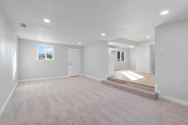 interior space featuring light colored carpet and a textured ceiling