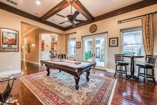 rec room with dark wood-type flooring, pool table, french doors, ceiling fan, and beam ceiling