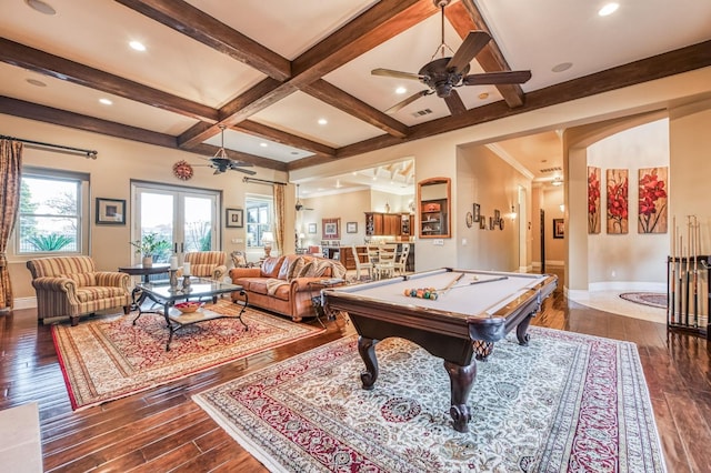 game room featuring coffered ceiling, ceiling fan, french doors, billiards, and beamed ceiling