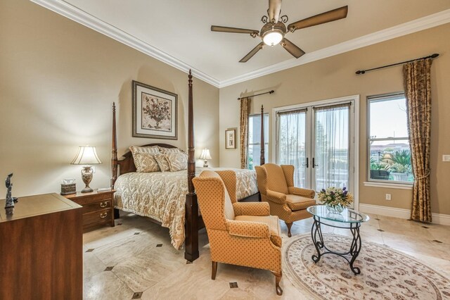 bedroom featuring ceiling fan, french doors, access to exterior, and ornamental molding