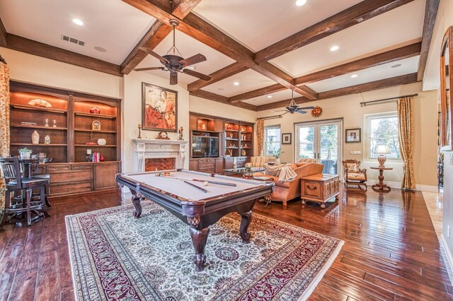 playroom featuring pool table, dark hardwood / wood-style floors, ceiling fan, beam ceiling, and coffered ceiling