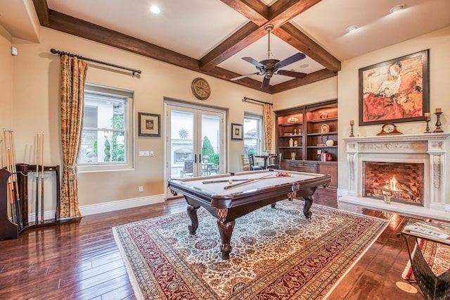 game room featuring coffered ceiling, pool table, dark hardwood / wood-style flooring, french doors, and beamed ceiling