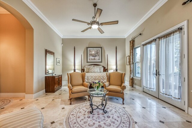 bedroom featuring ceiling fan, ornamental molding, access to outside, and french doors