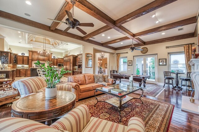 living room featuring coffered ceiling, beam ceiling, dark wood-type flooring, french doors, and ceiling fan with notable chandelier