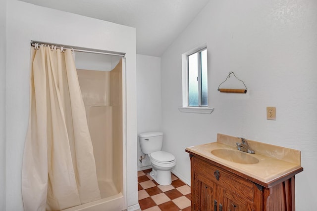 bathroom featuring toilet, vanity, vaulted ceiling, and a shower with shower curtain