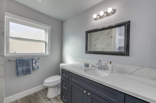 bathroom featuring toilet, vanity, and wood-type flooring