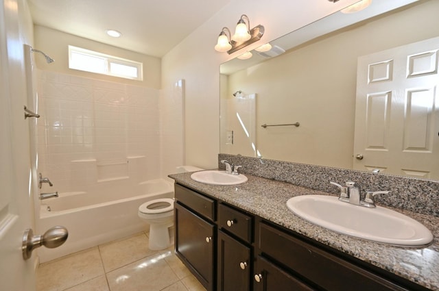 full bathroom with  shower combination, toilet, tile patterned floors, and vanity