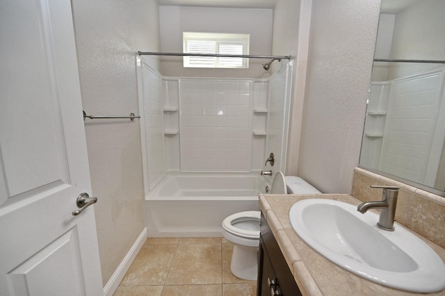 full bathroom with toilet, shower / bath combination, vanity, and tile patterned floors