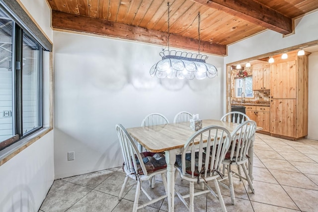 tiled dining space featuring sink, beam ceiling, and wood ceiling