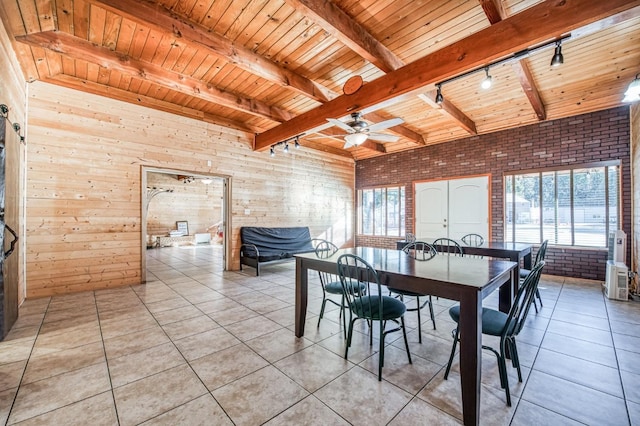 dining room with ceiling fan, rail lighting, brick wall, and a wealth of natural light