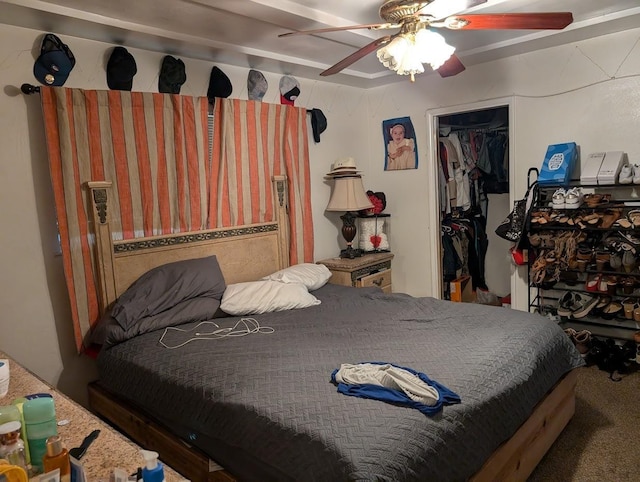 carpeted bedroom featuring ceiling fan, a walk in closet, and a closet