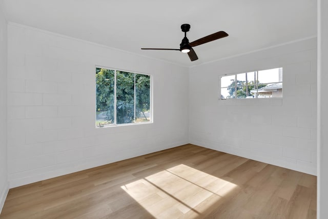 empty room with ceiling fan, light hardwood / wood-style flooring, and ornamental molding