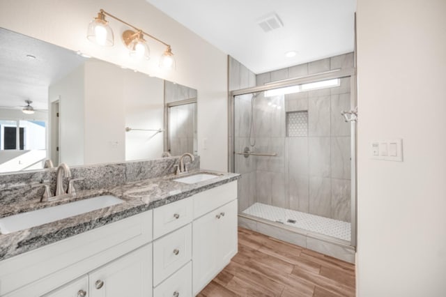 bathroom featuring ceiling fan, plenty of natural light, walk in shower, and vanity