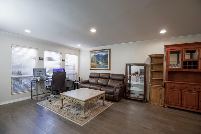 living room with dark hardwood / wood-style floors and crown molding