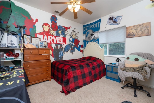 carpeted bedroom featuring ceiling fan