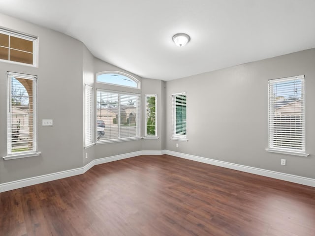 empty room featuring plenty of natural light, dark wood-type flooring, and lofted ceiling