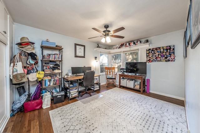 office area with dark wood-style floors, ceiling fan, and baseboards