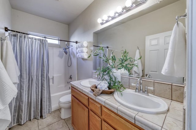 full bathroom with tile patterned flooring, toilet, vanity, and shower / tub combo with curtain