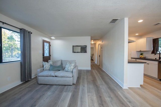 living room with sink, a textured ceiling, and light hardwood / wood-style flooring