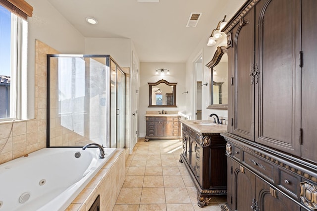 bathroom with vanity, separate shower and tub, and tile patterned flooring