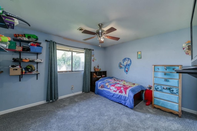 carpeted bedroom featuring ceiling fan