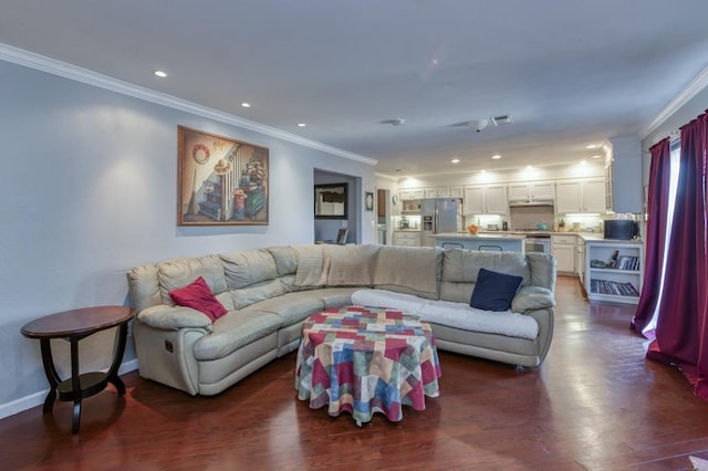 living room with dark hardwood / wood-style flooring and crown molding