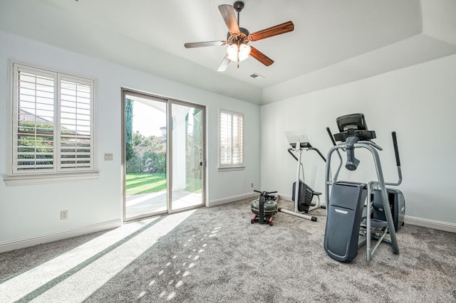 exercise room with ceiling fan and carpet