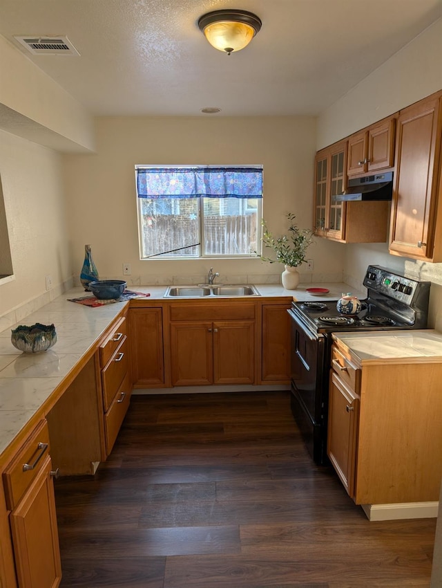 kitchen with sink, electric range, kitchen peninsula, and dark wood-type flooring