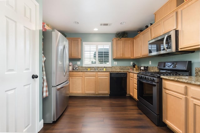 kitchen featuring black appliances, sink, light stone countertops, dark wood-type flooring, and light brown cabinetry