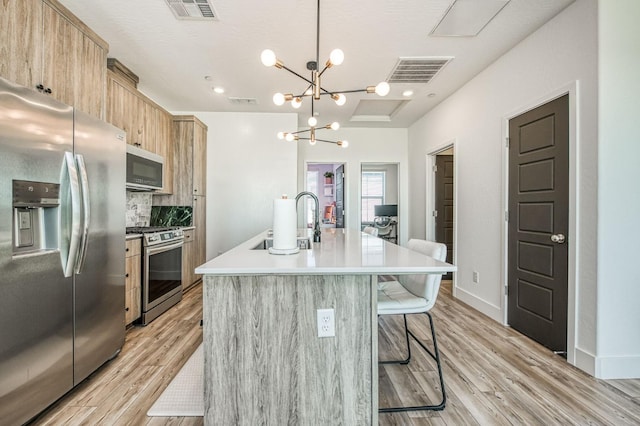 kitchen with modern cabinets, visible vents, stainless steel appliances, and light brown cabinetry