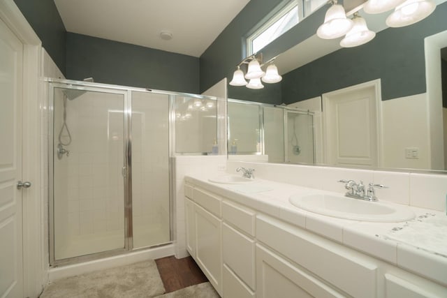 bathroom with walk in shower and vanity