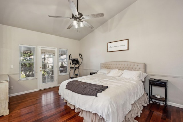 bedroom with ceiling fan, dark hardwood / wood-style floors, and lofted ceiling