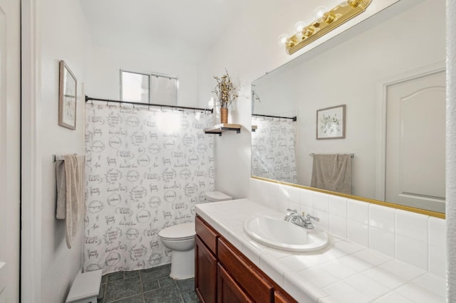 bathroom featuring toilet, vanity, backsplash, and curtained shower