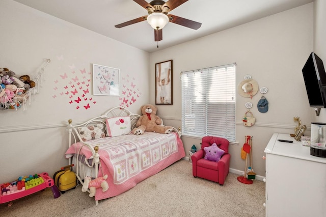 bedroom featuring ceiling fan and light colored carpet