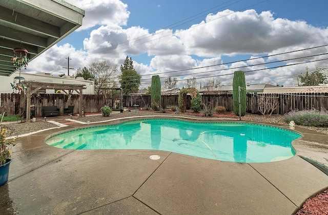 view of pool with a fenced in pool, a fenced backyard, and a patio