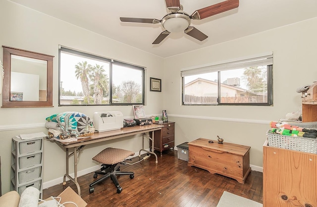 home office with hardwood / wood-style flooring, baseboards, and a ceiling fan