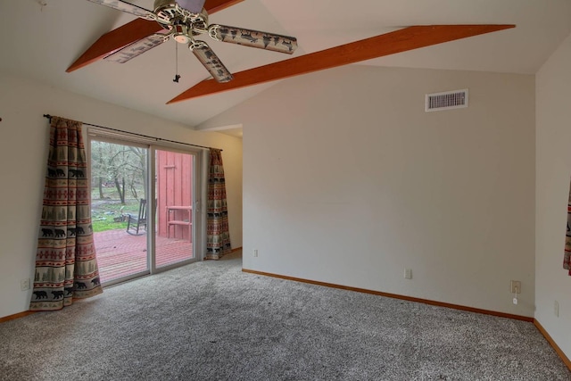 carpeted spare room featuring ceiling fan and lofted ceiling with beams