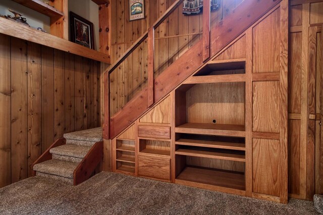 staircase featuring carpet and wooden walls