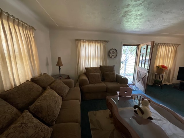 carpeted living room featuring a textured ceiling