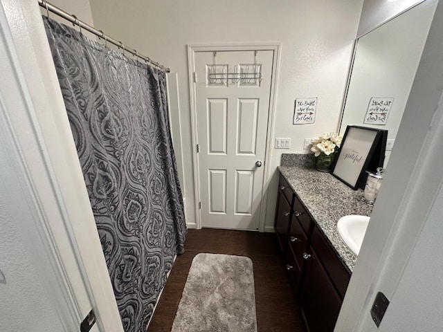 bathroom with hardwood / wood-style flooring and vanity