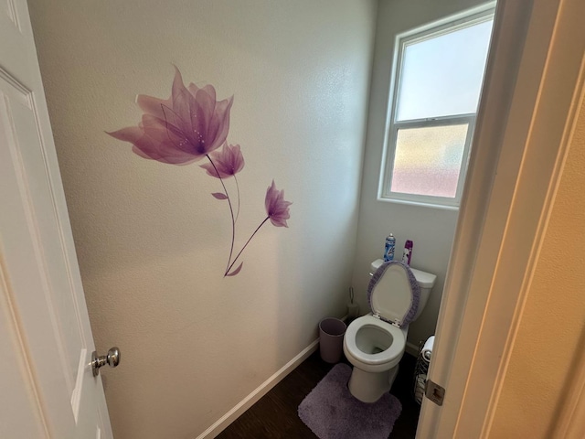 bathroom with toilet and hardwood / wood-style flooring