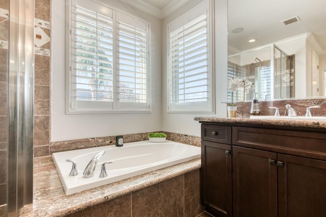 full bath featuring vanity, visible vents, ornamental molding, a shower stall, and a bath