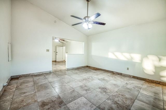 unfurnished room featuring ceiling fan and lofted ceiling